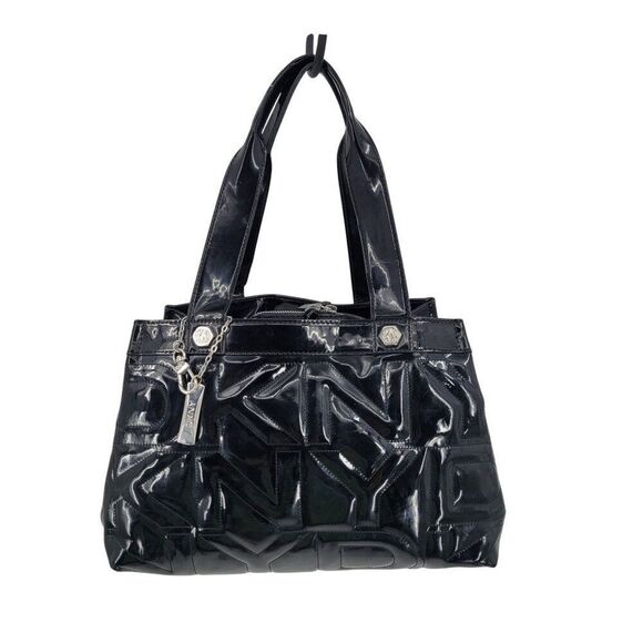 Vtg 90s Y2K Black Patent Leather Logo Quilted Shoulder Tote Bag Purse Trending - Picture 1 of 14